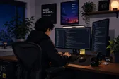 A generated, nime-style illustration of a hoodie-wearing developer coding late at night in a cozy modern workspace, seated in a Herman Miller Aeron chair facing dual monitors filled with code. The room is softly lit with warm ambient lighting, plants, posters, and tech accessories, while a nighttime city skyline glows through the window, creating a cinematic and focused atmosphere.