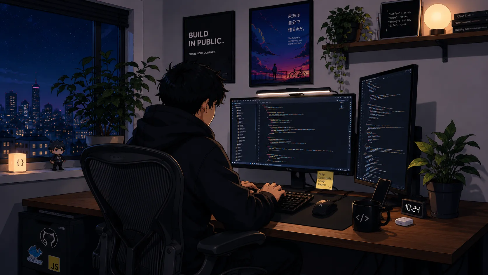 A generated, nime-style illustration of a hoodie-wearing developer coding late at night in a cozy modern workspace, seated in a Herman Miller Aeron chair facing dual monitors filled with code. The room is softly lit with warm ambient lighting, plants, posters, and tech accessories, while a nighttime city skyline glows through the window, creating a cinematic and focused atmosphere.