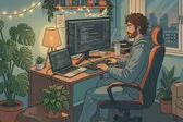 A cozy lofi-style developer workspace with plants and a sunset view