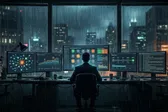 A developer surrounded by screens with dasbhoards and graphs, with rain pouring against the windows of a dark city at night.