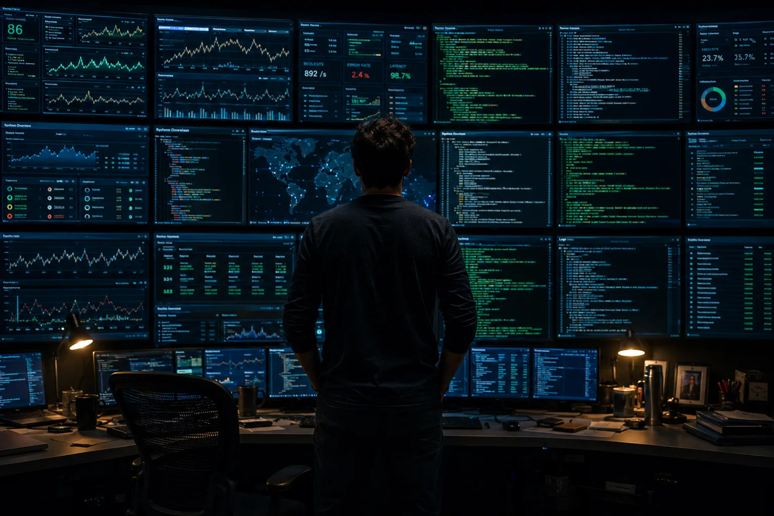 A software developer stands alone in a dark office, facing a towering wall of monitors filled with live dashboards, code, and streaming system data. Blue screen glow and cinematic lighting create a tense, overwhelming atmosphere of managing too much information at once.