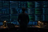 A software developer stands alone in a dark office, facing a towering wall of monitors filled with live dashboards, code, and streaming system data. Blue screen glow and cinematic lighting create a tense, overwhelming atmosphere of managing too much information at once.