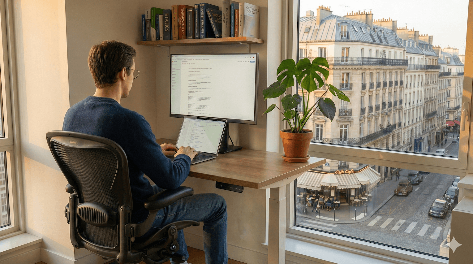A generated, photorealistic image of a developer in his workspace with a monstera plant, books, and a view of the city of Paris. This could well be me, but some small details don't lie.