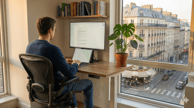 A generated, photorealistic image of a developer in his workspace with a monstera plant, books, and a view of the city of Paris. This could well be me, but some small details don't lie.