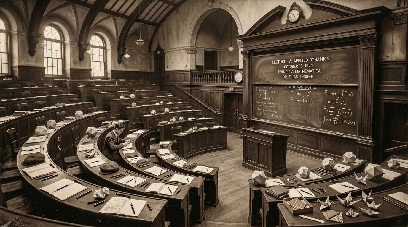 A student in a classroom in doing an origami during a class break.