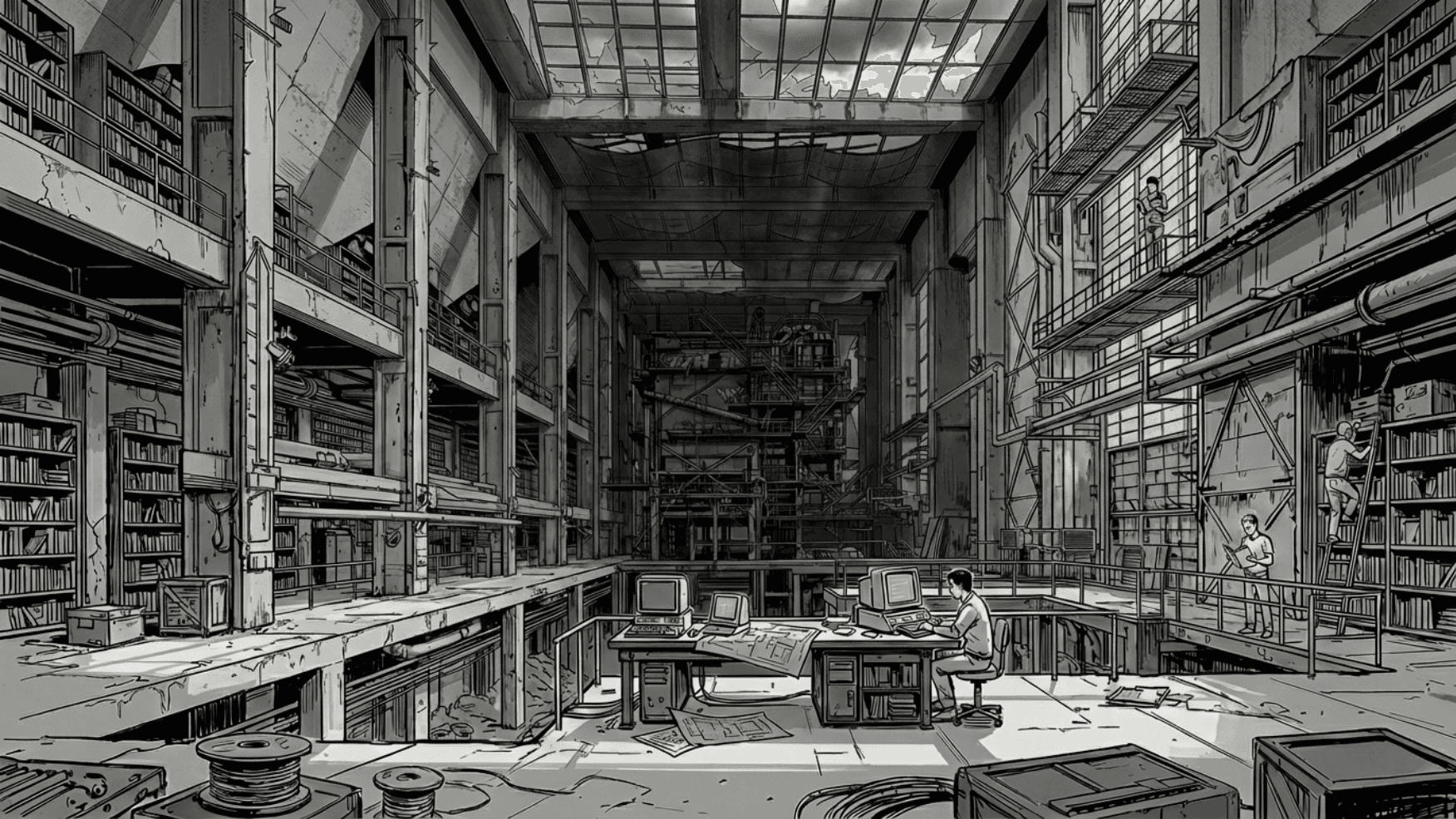 A dark factory converted to a library, with books on the shelves and a computer terminal in the center.