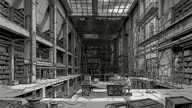 A dark factory converted to a library, with books on the shelves and a computer terminal in the center.