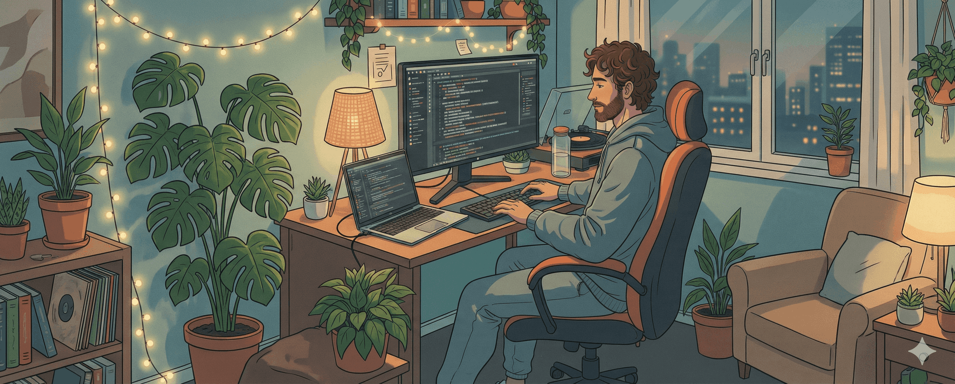 A cozy lofi-style developer workspace with plants and a sunset view