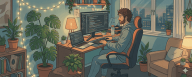 A cozy lofi-style developer workspace with plants and a sunset view