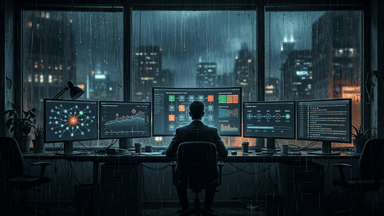 A developer surrounded by screens with dasbhoards and graphs, with rain pouring against the windows of a dark city at night.