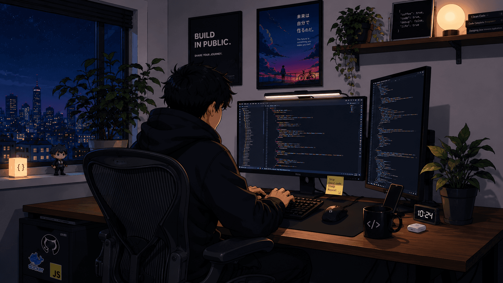 A generated, nime-style illustration of a hoodie-wearing developer coding late at night in a cozy modern workspace, seated in a Herman Miller Aeron chair facing dual monitors filled with code. The room is softly lit with warm ambient lighting, plants, posters, and tech accessories, while a nighttime city skyline glows through the window, creating a cinematic and focused atmosphere.